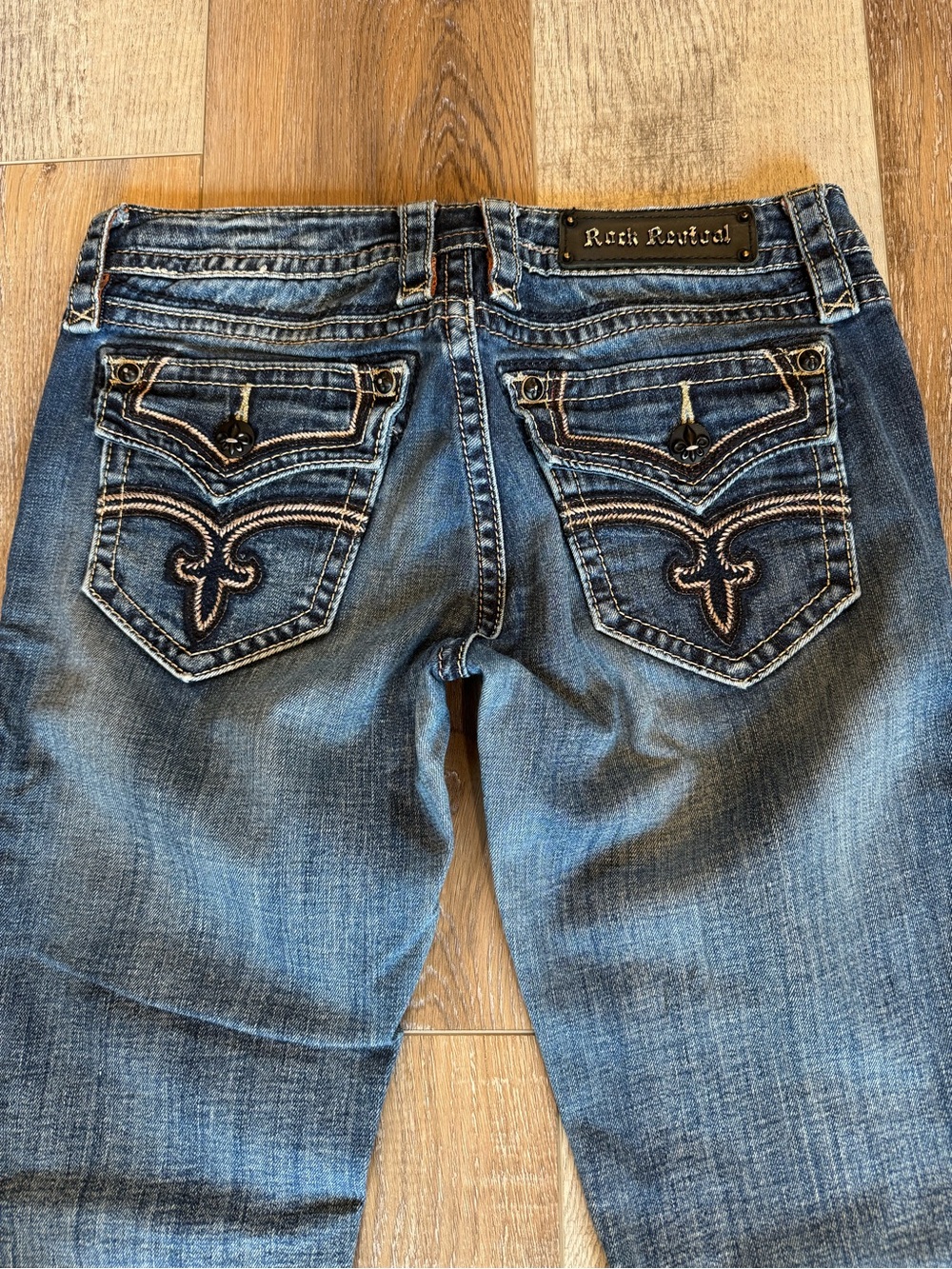 Rock Revival Women's Medium Blue Straight Leg Jeans with Embroidered Pockets